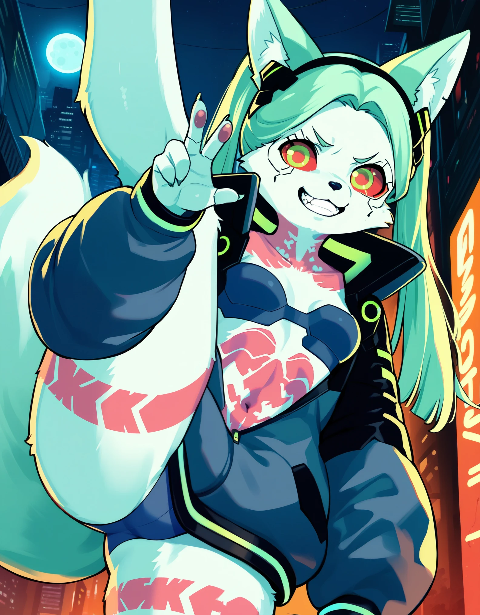 score_9, score_8_up, score_7_up, source_anime, Anthro, kemono style, 1girl,solo, accaeberpnxl, rebecca \(cyberpunk\), (she is an Anthro furry fox girl, fox ears, fox tail, snout):1.2, long hair, green eyes, green hair, white fur, red sclera, artificial eyes, Anthro cyborg, red pupils, small breasts, twintails, underwear, hairband, bra, black jacket, tattoo, black hairband, black bra, leg tattoo,zipped jacket, neck tattoo, outdoors,cyberpunk, street, night, moon, looking at viewer, grinning, toothy grin, canine teeth, winking, holding up a peace sign, one leg up. 