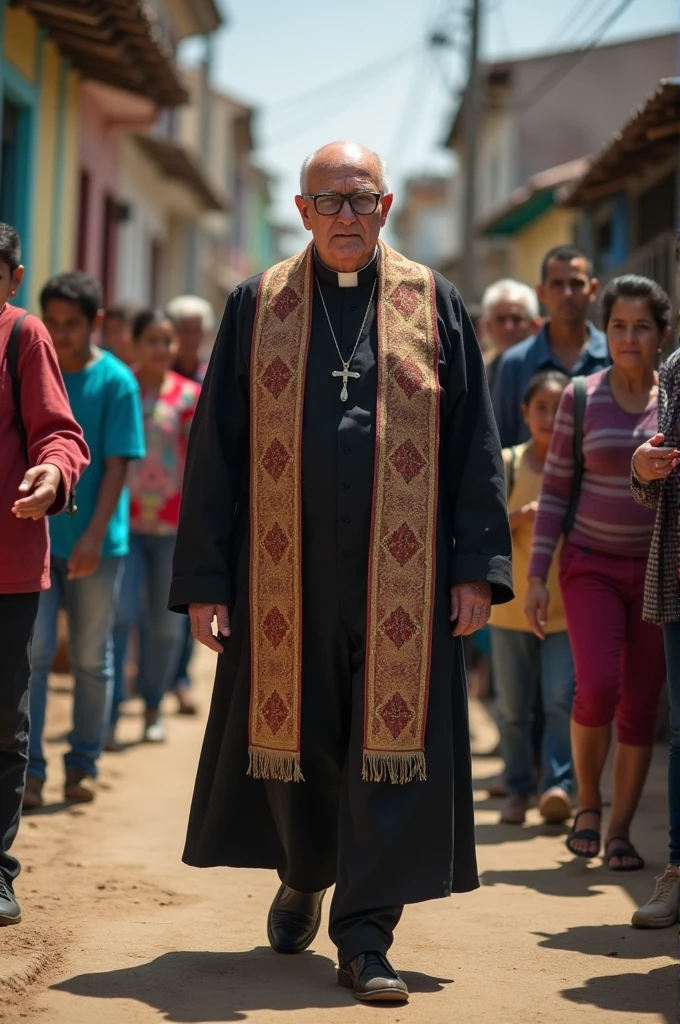 old Spanish priest, old, tall, bald and with glasses, walking alongside poor people, children, women, elderly and young people in a popular neighborhood of Asunción, without habit with a Catholic priest's stole on his shoulders