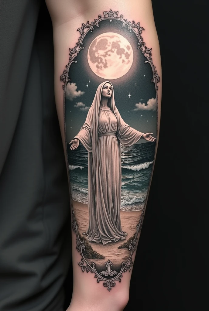 get a tattoo that covers your entire left arm involving the sea, moonligh, beach and the holy our lady of colorless navigators