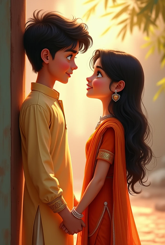 Make a animated painting of a young boy and young girl holding hands and looking at Each Other romantically. the girl dressed in a Punjabi suit wears a pearl bracelet given to her by the boy. where as the boy dress is in kurta pajama.this is set in the 90's era india