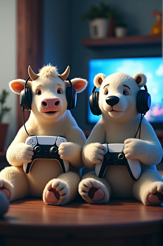 Photo for YouTube channel cover a cow and a polar bear playing video games both with PS5 controller in hand and both with headset realistic theme
