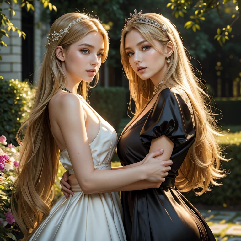 (masterpiece, best quality:1.5), highest quality, High resolution, super detailed, Realists, Full body photo of blonde woman, long open straight hair, detailed and beautiful eyes, beautiful detailed lips, very detailed eyes and face, longeyelashes, Woman in green and purple evening dress made of shiny satin fabric, Beautiful and colorful makeup, elegant and noble々Pose, Satin headbands and jewelry, Gardens as background, soft daylight, bright colors, fine brushstrokes, Portrait style, Plain dress fabric, beautiful color palette, glowing skin, First-class rendering, that captures every detail, enchanting atmosphere, subtle shadows and lights, (perfect anatomy:1.2), (Two stunning women with their mouths open. Surprised look