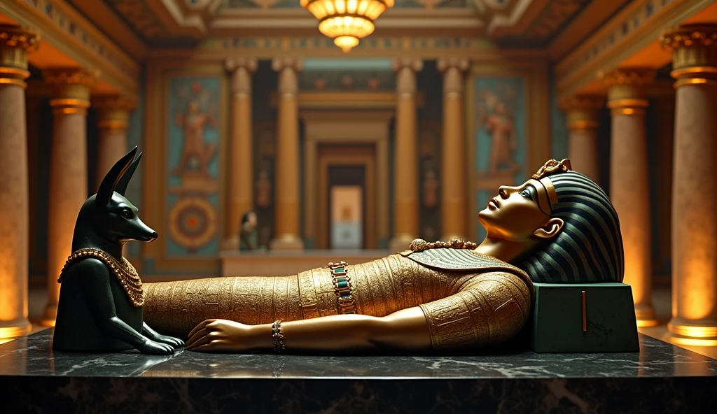 A stunning cinematic photo of King Tutankhamun, the last Pharaoh of the 18th Dynasty, adorned with intricate gold jewelry and precious stones and lying on a black marble table. Anubis, the ancient Egyptian god of POLISHED BLACK COLOR with the head of a jackal, is on your right, while the god Osiris, with green skin and the head of a mummy, is on your left. The luxurious and opulent palace of ancient Egypt is visible in the background, displaying grand columns, colorful murals and ornate decorations. The atmosphere is rich in history and grandeur, capturing the grandeur of Egyptian architecture and culture.