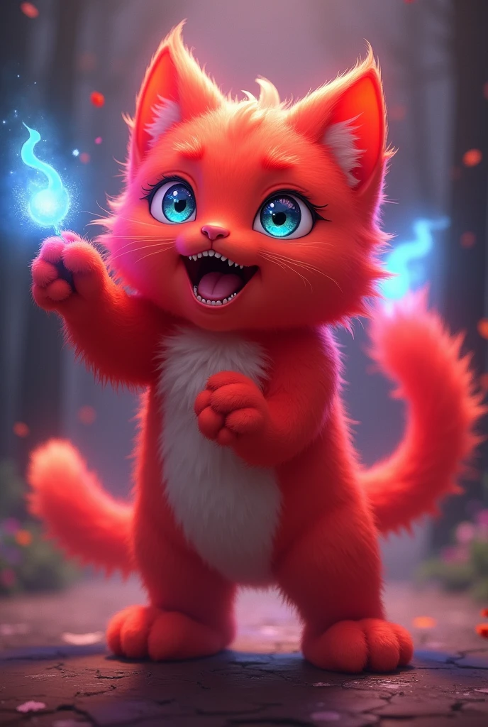 The red singing cat, please make it brighter, it&#39;s good, this time the right ear is slightly missing、Make it look like an anime character. Make it walk on two legs. Make it redder. And make the inside whiter. Make it look like a monster this time. Give it two tails and put a blue spirit on the end of the tail. Make it a darker red. Jibanyan.