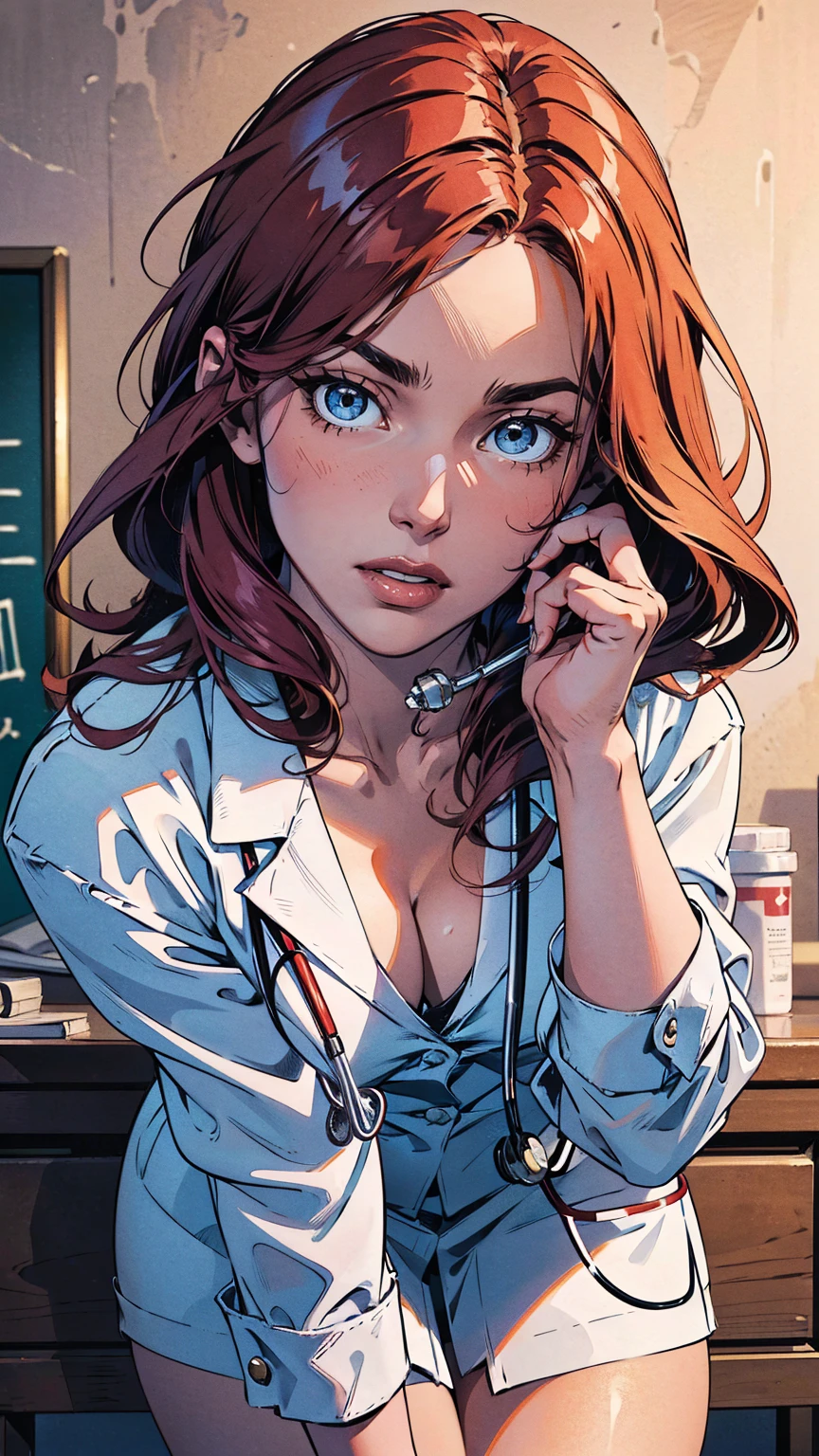 (((HD photo))), ultra high res.photorealistic:. 1.4, UHD, masterpiece, trending on artstation, portrait, full body shot, 1girl, pretty, cute face, most beautiful in the world, cleavage, soft, delicate, (long red hair), perfect figure, (wearing white doctor uniform:1.2), leaning over, holding stethoscope:1.4, medical fetish, examination, sunkissed, hospital ward background, sfw