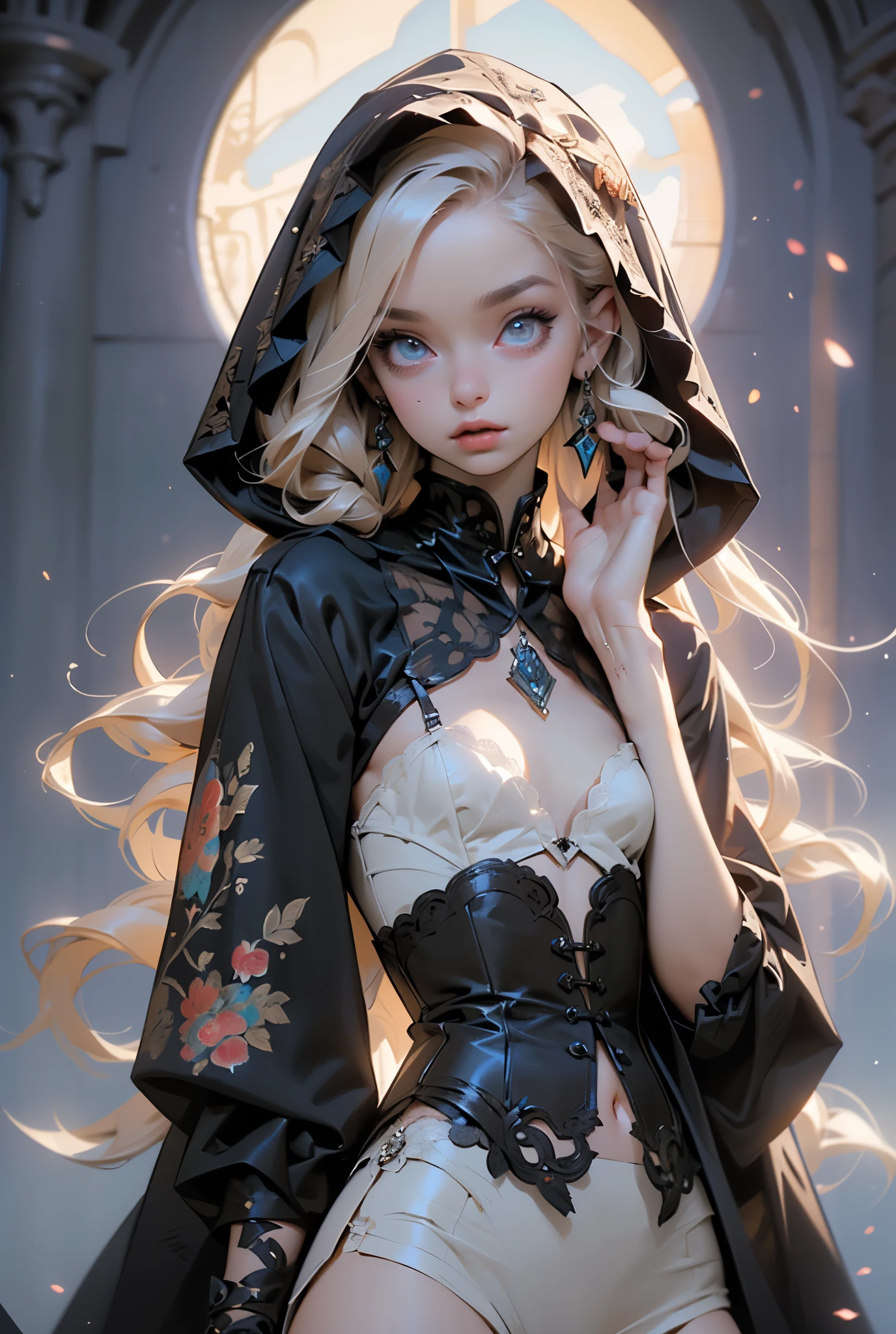 (((masterpiece, of the highest quality, super detailed))), (a witch belonging to an occult order of knights), (a knight crossed with a witch), Victorian era inspired, ((minimal but intricate beautiful armour)), Fluttering lace flared dress with frilly petticoats, ((nier automata meets bloodbourne)), ((((Highly detailed face))), (((Very sharp focused eyes))), very long eyelashes, small breasts, (((flat chest:1.1))), occult aesthetic, (red and white clothing detailed and intricate steampunk and detailed gothic), (with a hood), complex lace boots,