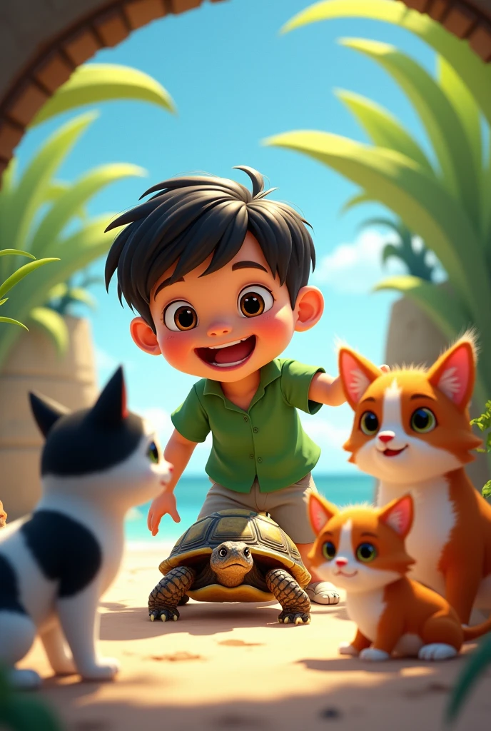 gato preto e branco, tortoise,Brunette boy, cheerfulness , CARAMEL DOG, orange and white cat terrarium, green shirt black hair adventure beach