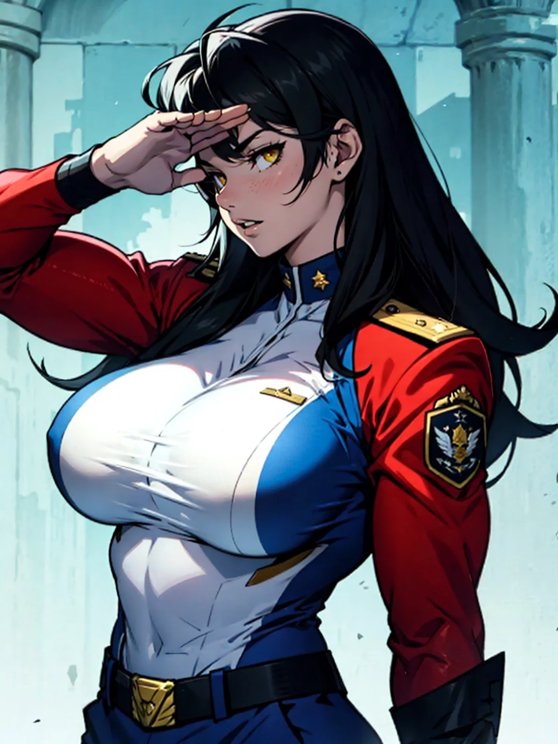 joyful saluting gesture saluting gesture black hair yellow eyes pale skin muscular girl massive breasts military uniform