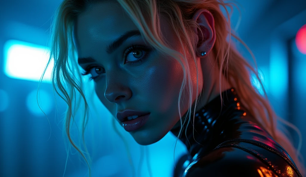 ((best quality)), ((​masterpiece)), (detailed), ((background Cyber)), wet look, ((blond long Hair)), ((Intricate detailing, in the night time, Contre-Jour, random neon color, View from afar, random pose, blue latex bodysuit, face focus, hell picture, light face, big boobs)), (face brightly lit), ((full body view)), 