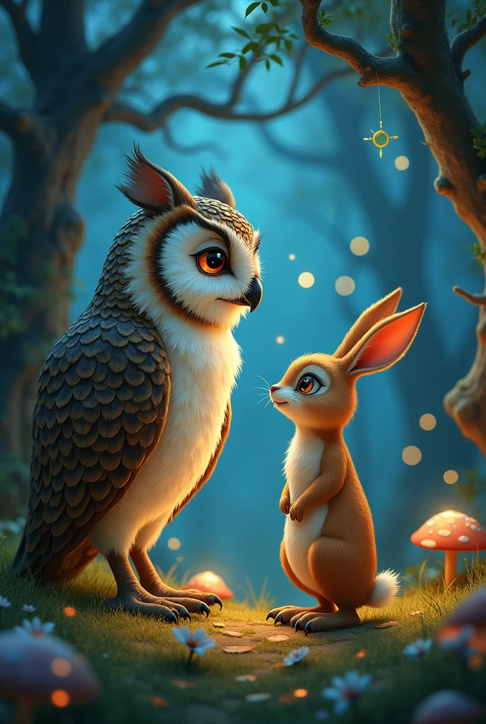 An owl talking to a vintage 2d animated rabbit