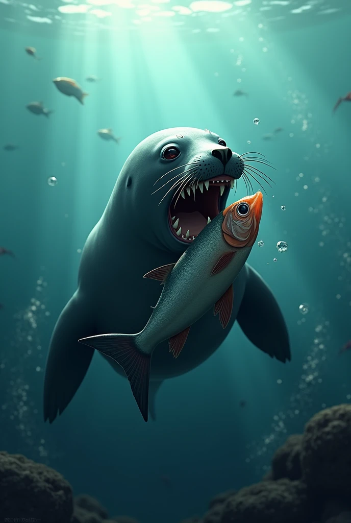 Seal eating half of a fish in the sea
