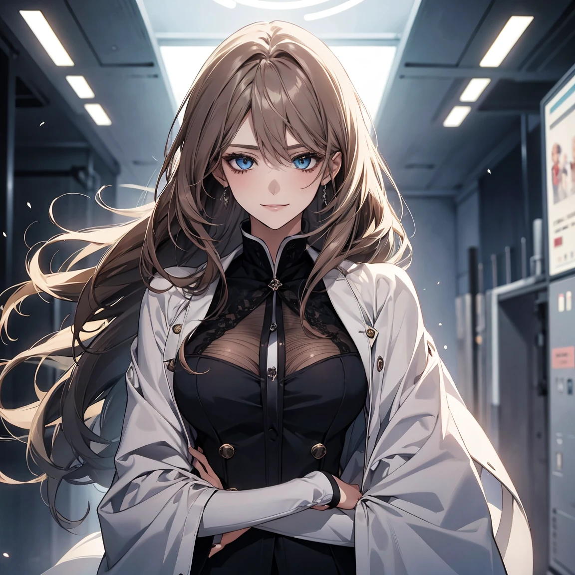 (Highest quality,High resolution,Very detailed),1 girl, Beautiful and elegant light blue eyes, Brown Hair, Cold Smile,Straight long hair tied back, Wearing a black suit, Mature Woman, Age 27,Cruel smile, Calm and Calm, Slim figure, Pale complexion, thin, Calm, secretary,Big White Foxを連れている,Big White Fox,Small breasts