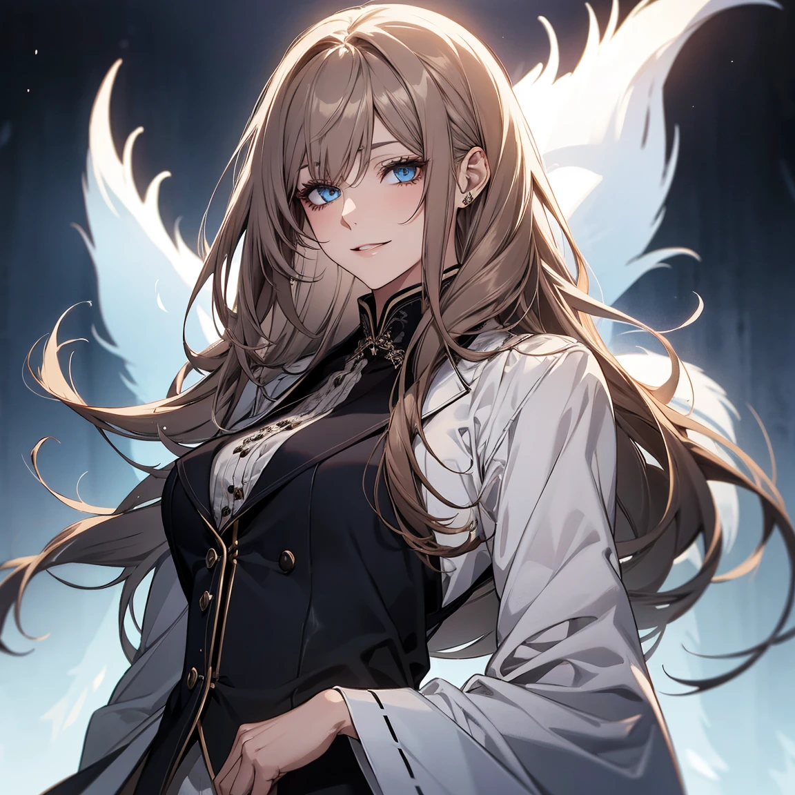 (Highest quality,High resolution,Very detailed),1 girl, Beautiful and elegant light blue eyes, Brown Hair, Cold Smile,Straight long hair tied back, Wearing a black suit, Mature Woman, Age 27,Cruel smile, Calm and Calm, Slim figure, Pale complexion, thin, Calm, secretary,Big White Foxを連れている,Big White Fox,Small breasts