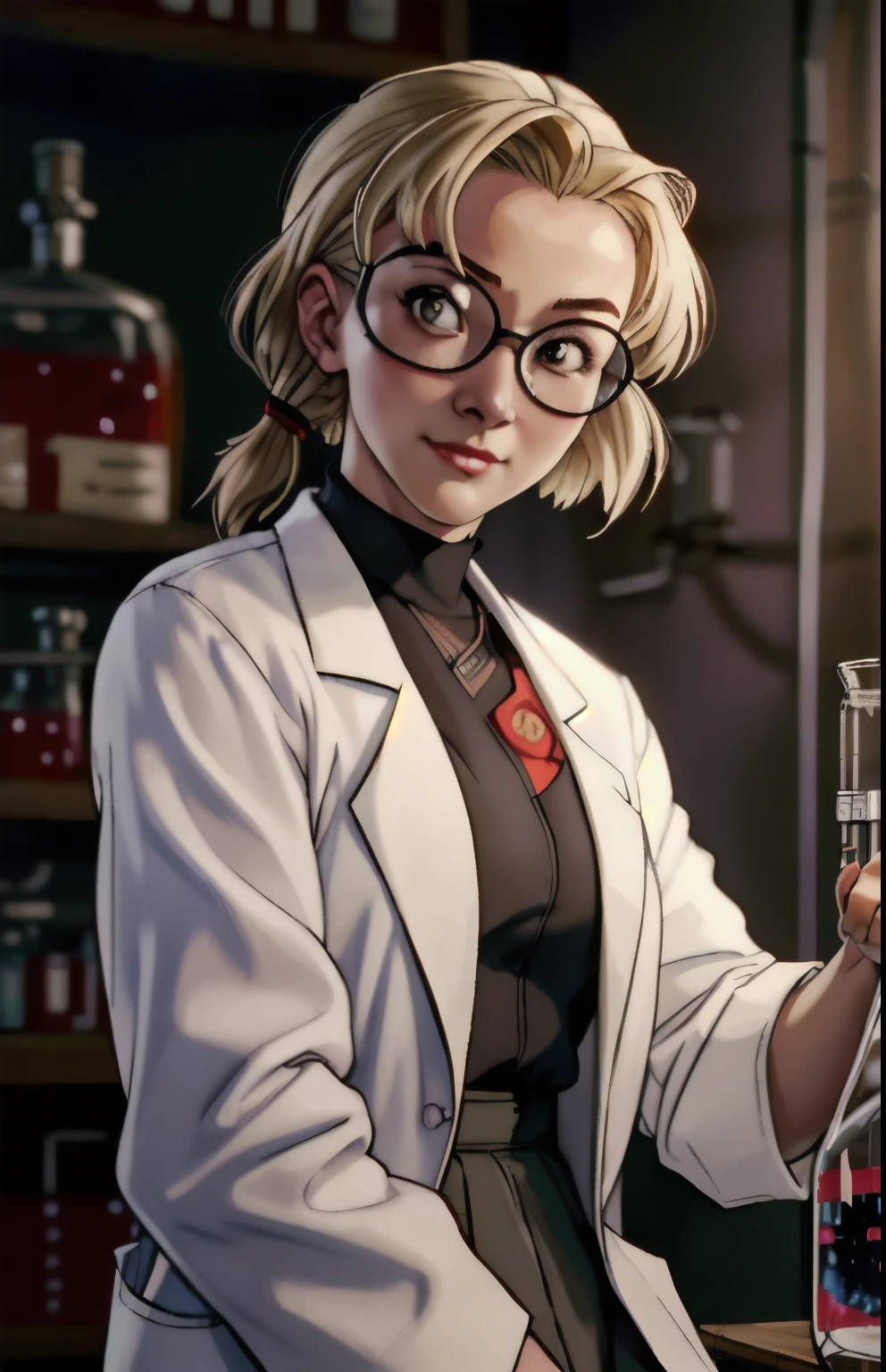 masterpiece, best quality, Ritsuko, short blonde hair, lab coat, skirt, (at the lab doing science:1.2),  sovietpunkai, soviet female scientist, chubby, ugly, blonde ponytail, lab_coat, doctor, research, researcher, detailed face,long eyelashes, sexy,soft lighting,subtle background,professional photography,vivid colors, blushing face (seductive)