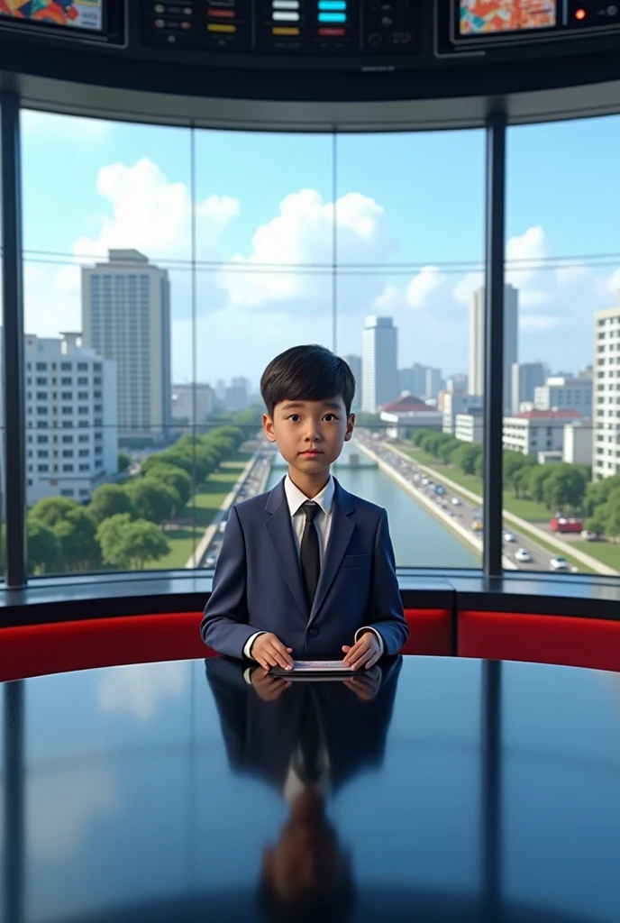 A young boy newsreader is reading the news in a studio against the backdrop of the city of Sarikei, Sarawak, Malaysia