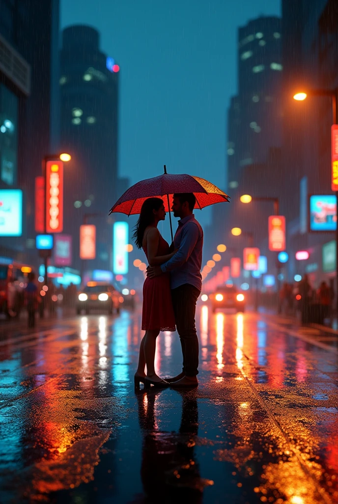 Generate an image with mumbai city light rainy scene with couple in love holding umbrella and rainy streets reflection walking on road