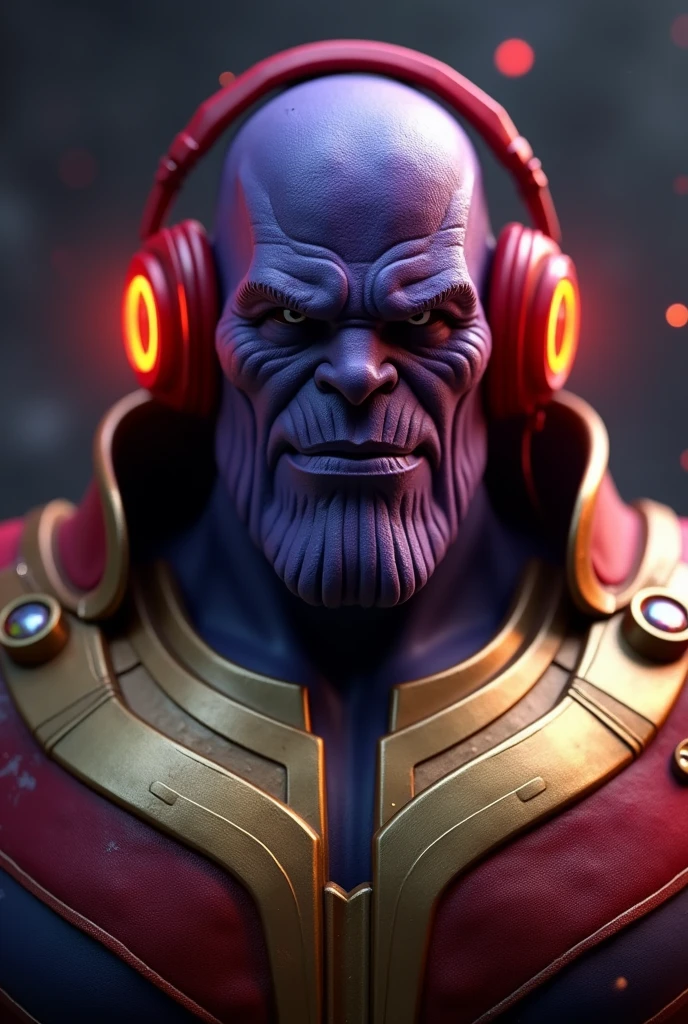 thanos, thanos wearing red headphones, thanos with red headphones, infinity gauntlet, marvel superhero, 3d render, highly detailed, intricate details, cinematic lighting, dramatic pose, dark shadows, glowing infinity stones, photorealistic, 8k, best quality