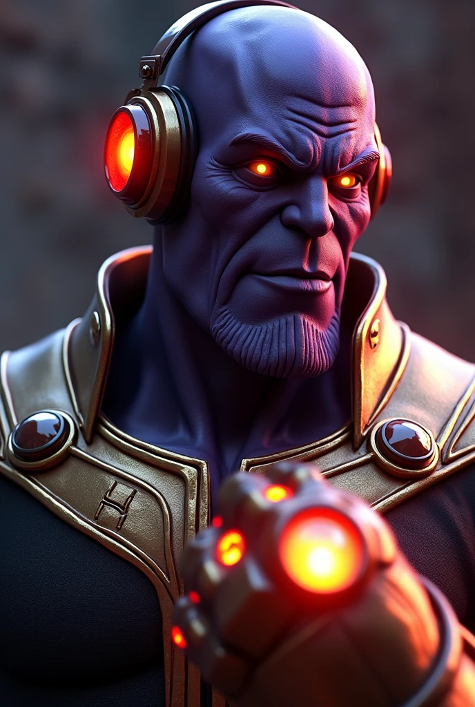 thanos, thanos wearing red headphones, thanos with red headphones, infinity gauntlet, marvel superhero, 3d render, highly detailed, intricate details, cinematic lighting, dramatic pose, dark shadows, glowing infinity stones, photorealistic, 8k, best quality