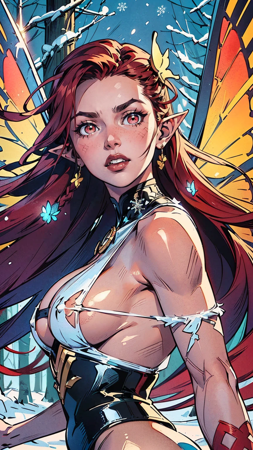 cute oppai elf,(((little mature woman,oppai body,little))),(((50 years old))),((anime elf oppai with extremely cute and beautiful orange hair)), (((elf))), (((elf ears))),
(((Giant Breasted Girl))),((((Bright red hair:1.35,dreadlocks long Bright red hair,red hair,very long hair,long dreadlocks,colored inner hair,ear breathing)))),((Bright red eyes,perfect eyes,upturned eyes:1.3,beautiful detailed eyes,finely detailed beautiful eyes:1,big highlight on eyes:1.2,slanted eyes)),(((lustrous skin:1.5,bright skin: 1.5,skin tanned,shiny skin,very shiny skin,shiny body,plastic glitter skin,exaggerated shiny skin,Reflective skin))),(delicate detailed fingers,detailed body,detailed arms,human hands,(detailed face)),
cute,slutty,erotic,daring,(((nsfw))),
(((very long tribal tunic,revealing clothing,show skin,tribal paint,Butterfly Wings,(sideboob)))),((detailed outfit,detailed clothes)),
(dynamic pose:1.0),solo focus,wisdom, serious face,centered,scale to fit dimensions,Rule of thirds,
twilight,holiday Village Background,winter,snowstorm in background,(pine forest),detailed background:1.25,snow covered,lots of snow, snow,snow forest background,(((Glowing Snowflakes,Glittering Details))),Christmas tree,
(best quality),(high resolution),(sharp focus),(ultra detailed),(extremely detailed),(extremely high quality artwork),8k_wallpaper,(extremely detailed CG 8k),(very fine 8K CG),((hyper super ultra detailed perfect piece)),flawless,(((masterpiece))),illustration,vibrant colors,(intricate),High contrast,Selective lighting,Double exposure,HDR (High Dynamic Range),Post-processing,Background blur,