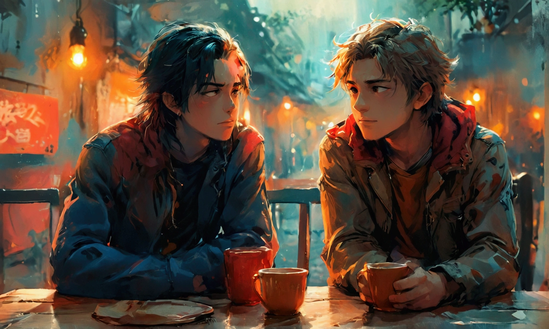 TWO FRIENDS TALKING SITTING ON A CHAIR IN FRONT OF A TABLE,manga style art