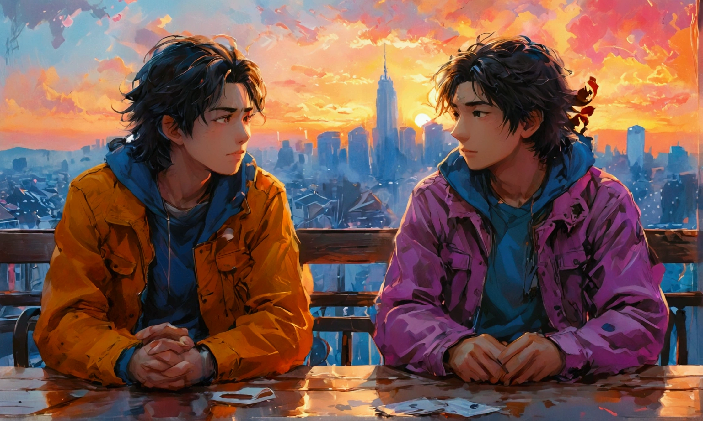 TWO FRIENDS TALKING SITTING ON A CHAIR IN FRONT OF A TABLE,manga style art