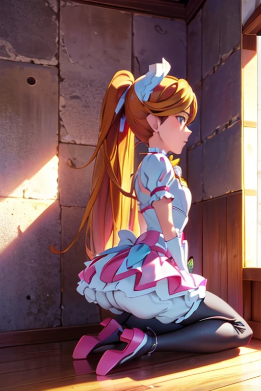 Cure Rhythm、Pretty Cure、Blonde、Long Hair、Medium chest、Jail、One girl、((Pantyhose with holes))、(boots)、ponytail、(Arms are chained)、Kneeling、(Black Pantyhose)