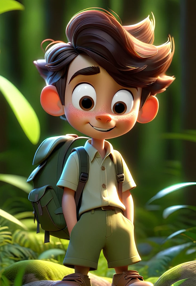 a happy and cute boy with short hair, Grinning, wearing a shirt and shorts, wearing backpack, forest background, illuminated sun, the child, tom, Pixar-style, ..3d, Cartoon s, face detailed, asymmetric 16k