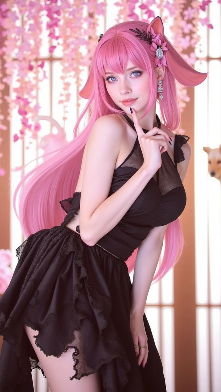 Ultra-high resolution, Clear face, (Reality: 1.4), perfect lighting,(photorealistic), anime wallpaper, Guviz style artwork, fantasy to magic cover, beautiful artwork illustration, beautiful digital artwork, beautiful digital illustration , beautiful portraits, illustrations, delicate and beautiful, highly detailed, fine details, official art, highly detailed unity 8k CG wallpapers, highly detailed, high resolution, highly detailed, highly detailed eyes and faces, beautifully detailed eyes, cinematic lighting,1girl, solo, pink hair, hair ornament, Animal ears, jewelry Earring, blue eyes, black dress, standing upper body, indoor, simpel blackground,