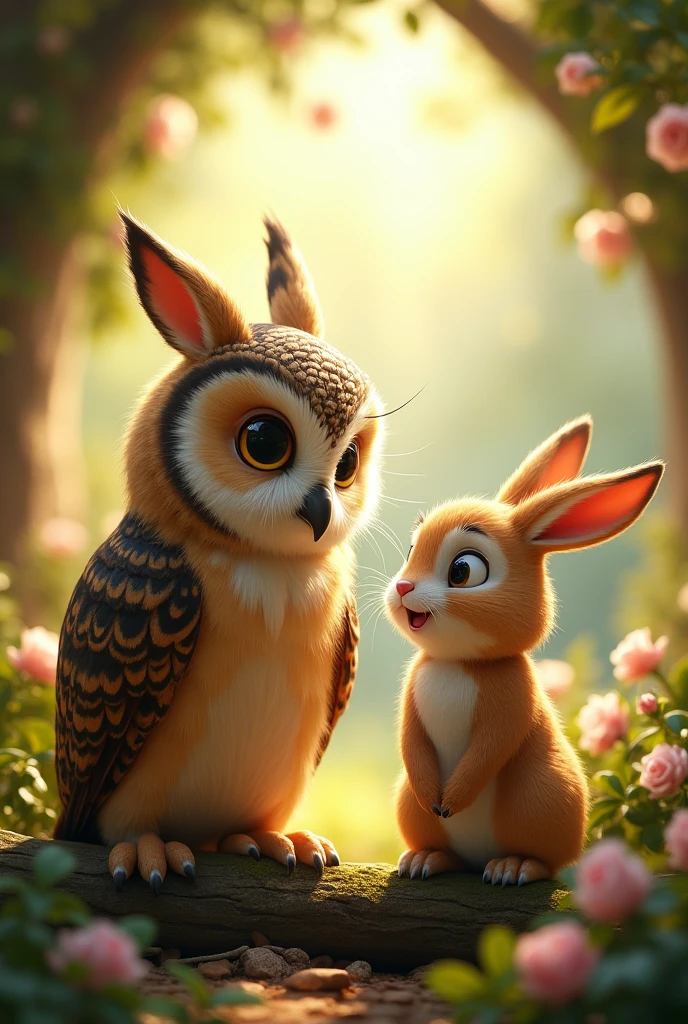 An owl chatting with an animated rabbit