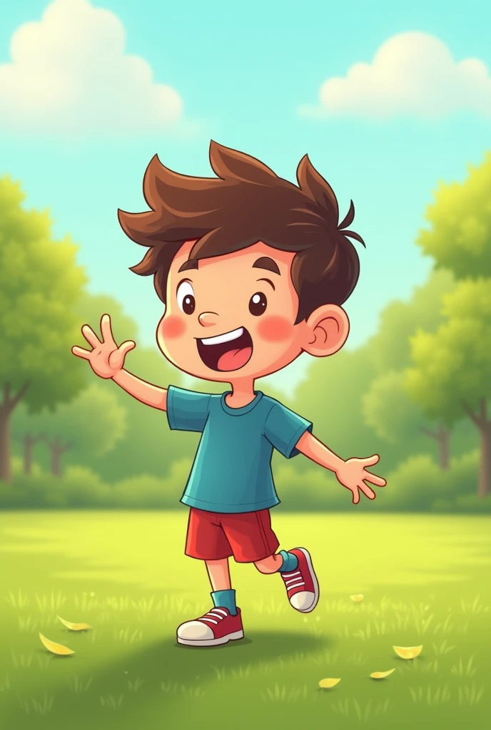 Simple cartoon of a boy calling his friends to play soccer, with the hand saying let's go