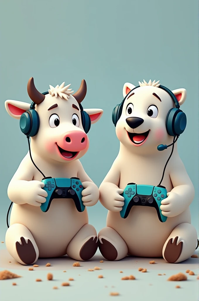 Photo for a YouTube channel cover of a cow and a polar bear playing video games, both with a PS5 controller in their hands and both with headsets on their heads, both brave and with medium to strong bodies.
