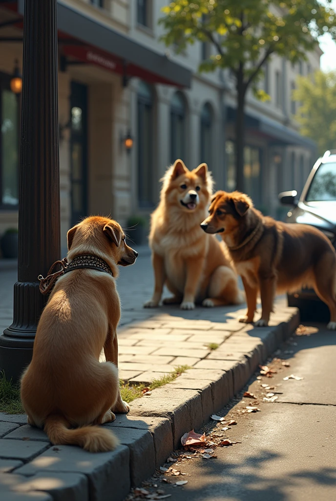 A poor dog is sitting by the roadside, crying as it watches the rich dogs standing in front of it.