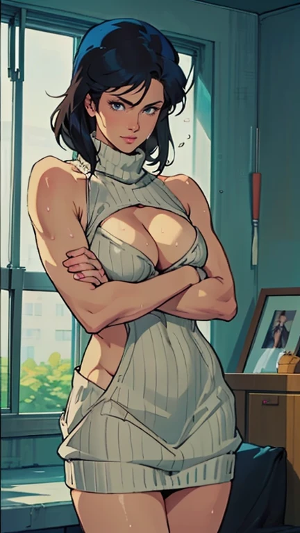 score_9, score_8_up, score_7_up, source_anime, realistic BREAK 1girl, solo,serious, lips, red lips, lipstick,(((wearing a white tshirt))), (black panty), (((black thong))), , black hair, short hair, black eyes, black gloves, parted lips, looking at viewer, thighs, indoors, (bathroom background)