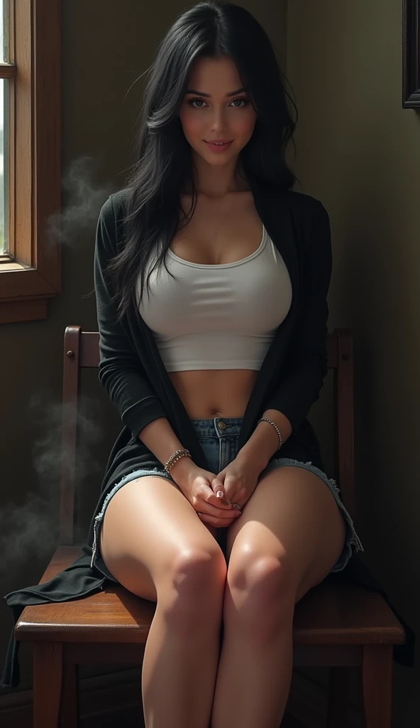 1 woman sitting and showing her feet,bare feet,single,focus on feet,Bblack hair,White Belly Tank Top,Black jacke,bangss, long hair,齐bangss, shorts jeans,anatomically correcte, breasts big(d), mellow,pretentious smile,Sweating on the soles of your feet,steam around the feet,eyes on the public,detailed back ground,in the dark torture room,Glamour background