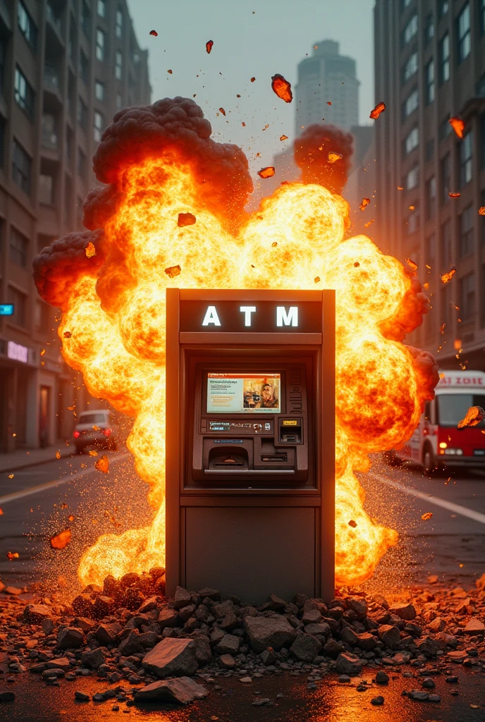 A c4 blowing up an ATM with the word east zone written on it