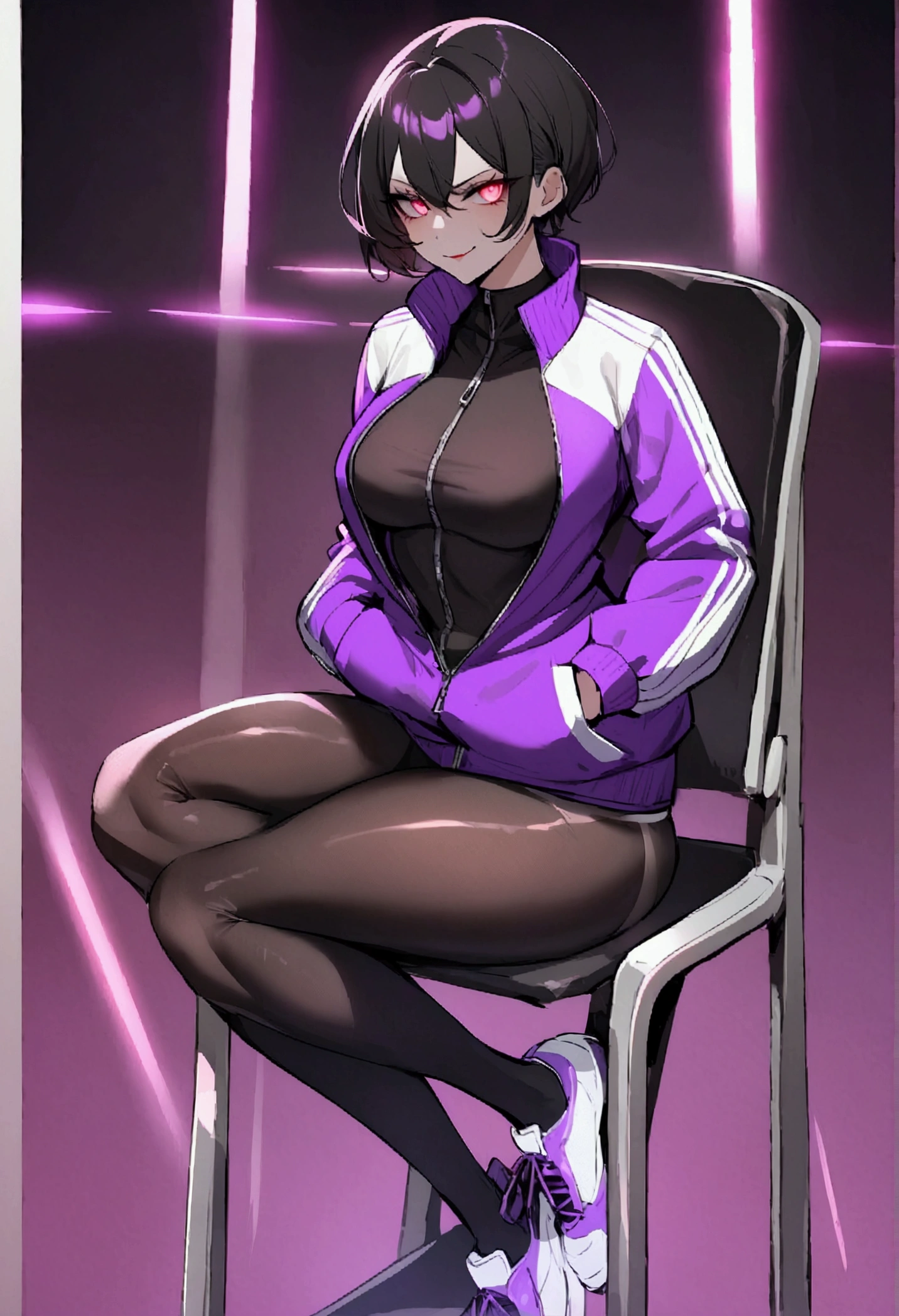 beautiful young fitness woman with , in a gym wearing May with black pantyhose, tight white and purple gym jacket. standing alone,red eyes glowing,Evil smile,legging preto ,labiaa,dark eye shadow,shining eyes,hands in our pockets,neckleace,jacket zipper half open,Tight black shirt,white sports tennis shoes,short hair with purple details,beautiful curves,whole body,hair with purple details,labiaa,detailed face and eyes,work of art,sitting on a chair,cross legs,sexy look