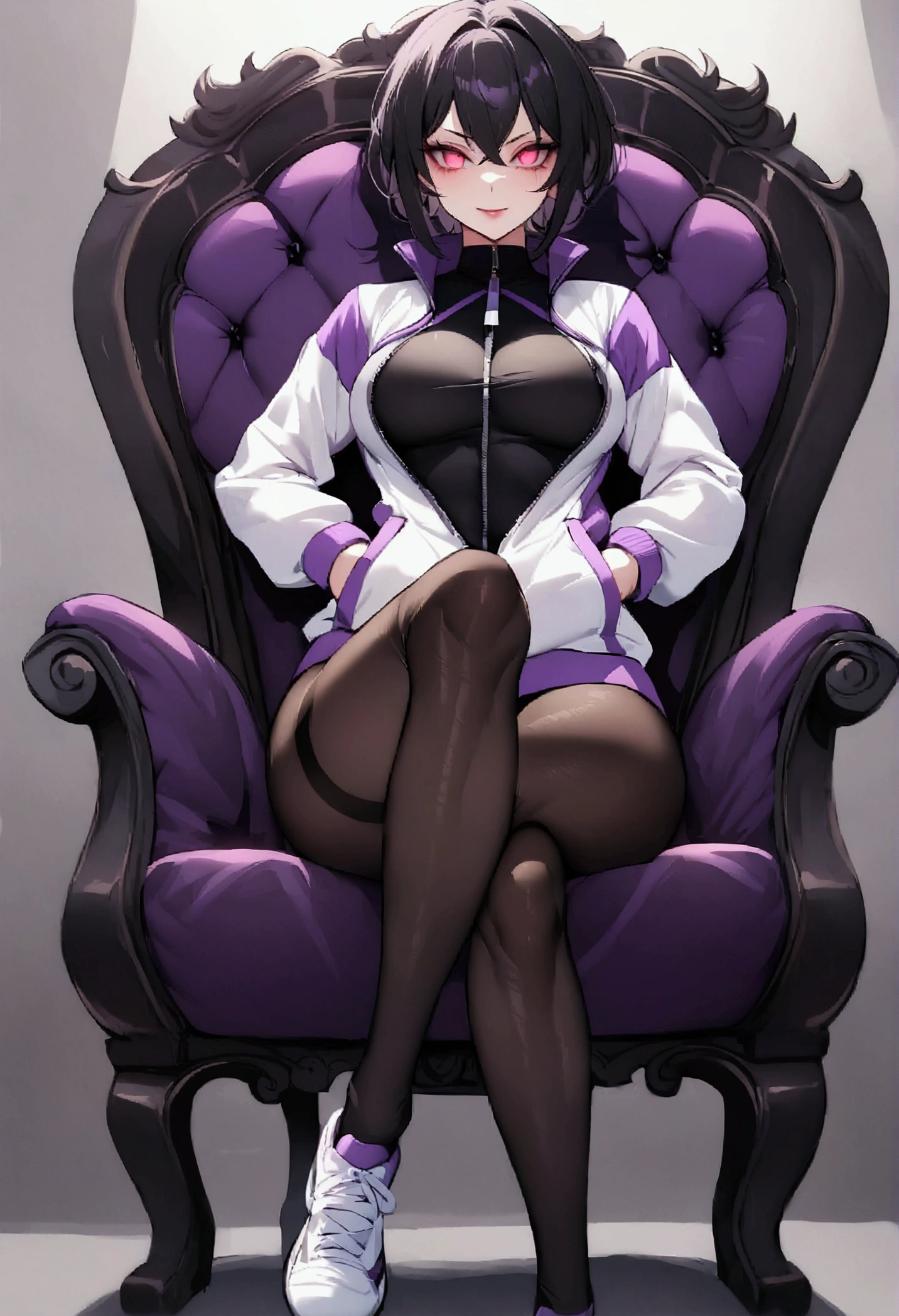 beautiful young fitness woman with , in a gym wearing May with black pantyhose, tight white and purple gym jacket. standing alone,red eyes glowing,Evil smile,legging preto ,labiaa,dark eye shadow,shining eyes,hands in our pockets,neckleace,jacket zipper half open,Tight black shirt,white sports tennis shoes,short hair with purple details,beautiful curves,whole body,hair with purple details,labiaa,detailed face and eyes,work of art,sitting on a chair,cross legs,sexy look