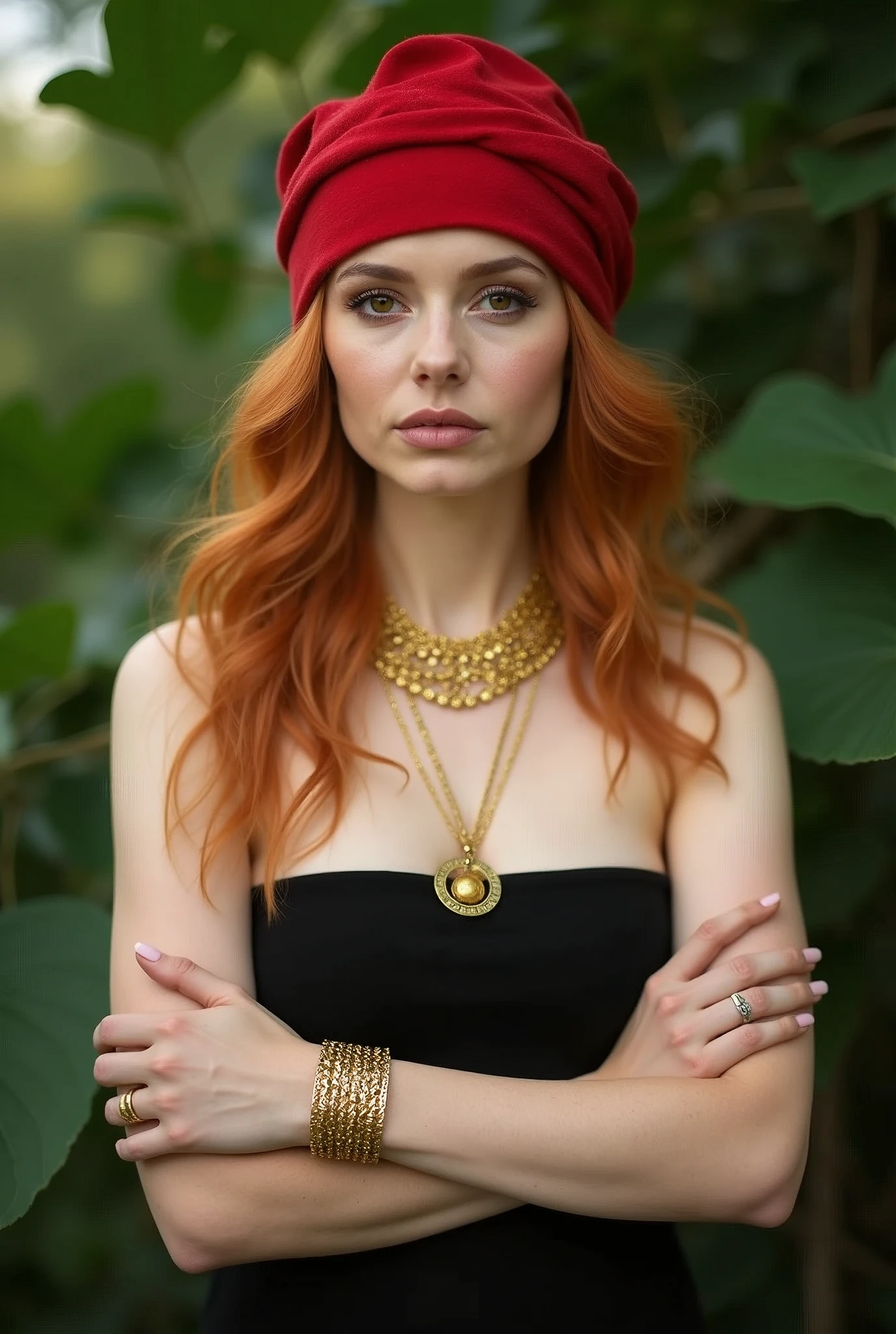 ginger hair girl, big boobs, black tube top, gold necklace, gold arm cuff, red headwrap, centered subject, eye-level shot, shallow depth of field, arms crossed, head slightly tilted, direct gaze, green foliage, blurred leaves, natural setting