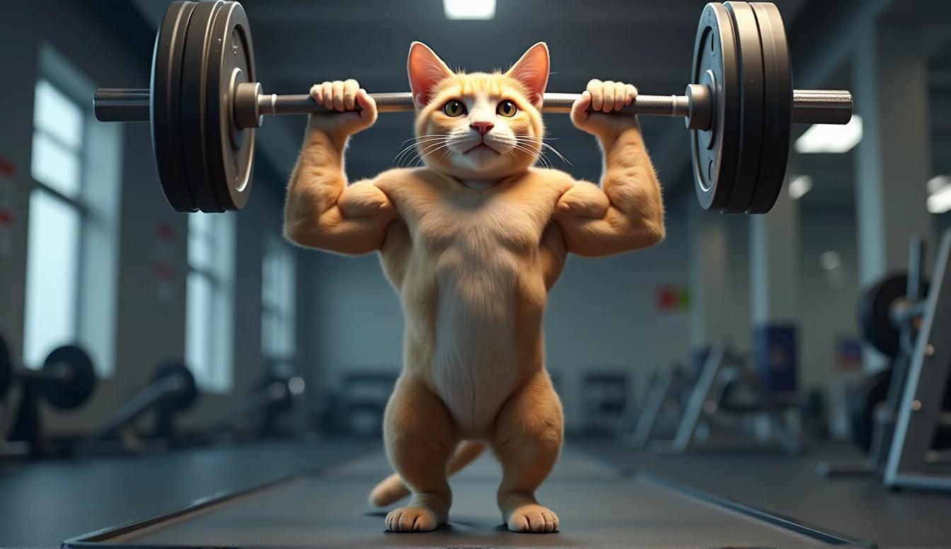 Draw a fitness cat,Standing form,Clean and jerk barbell,Working out at the gym。