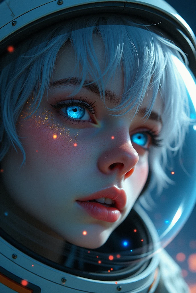 (Close-up of a better masterpiece:1.5)0.9], (Space and astronauts:1.2) (Messy silver hair:1.1) (Heterochromia xanthochromia and blue eyes:1.2) (Space Helmet:1.0) (Colored stars in the eyes:1.0) (A radiant glow:1.1) (thick lips:0.9)