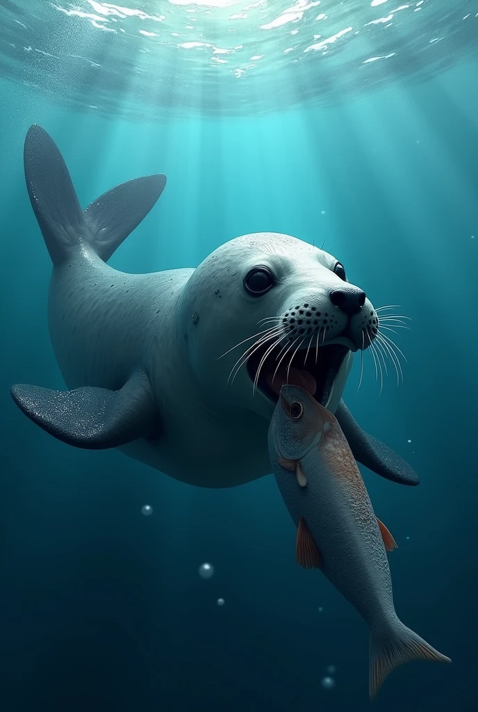 Seal eating half of a fish in the sea