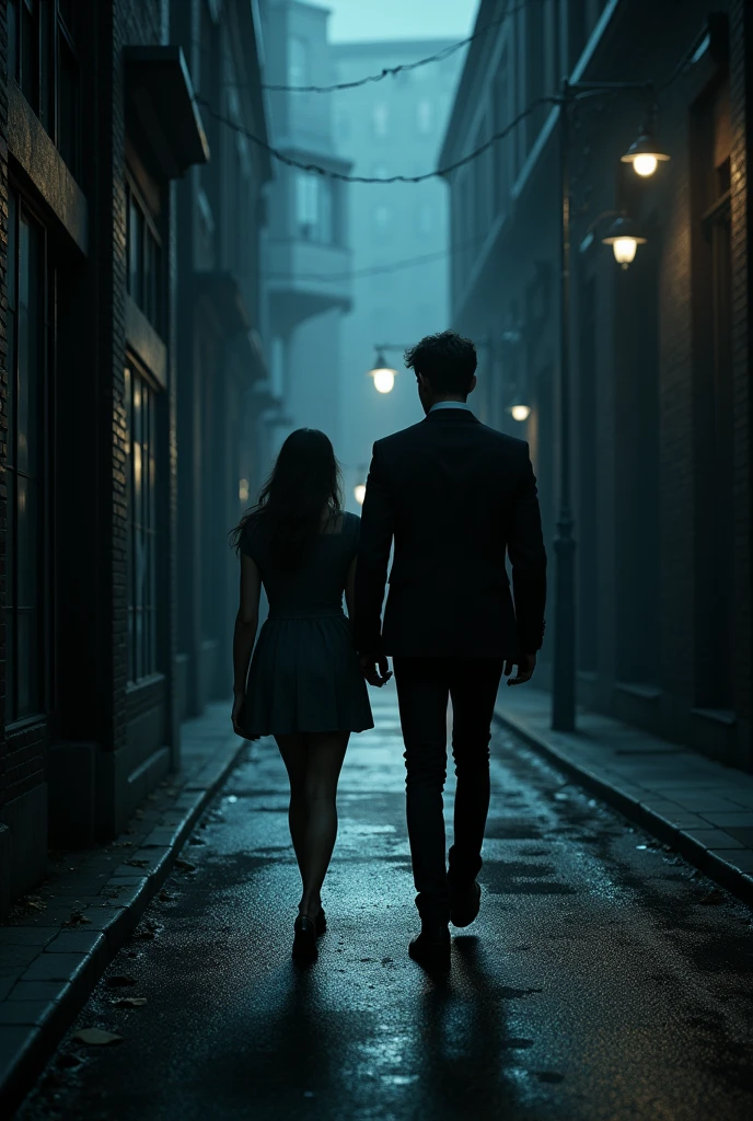 A young dashing man walking in city streets , a young g girl following him , dark theme , narrow street