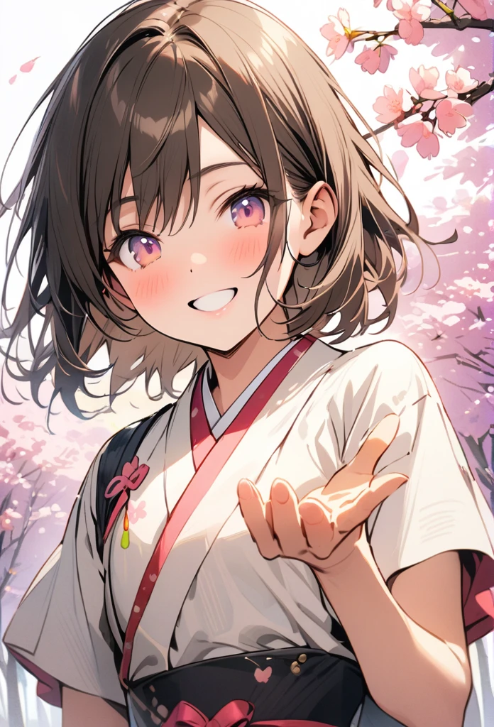 boy, 20 years old, brown hair, Japanese cherry blossom viewing festival, cherry blossom viewing outfit, bright smile, from the waist up, gentle, raising hand in invitation, masterpiece, best quality