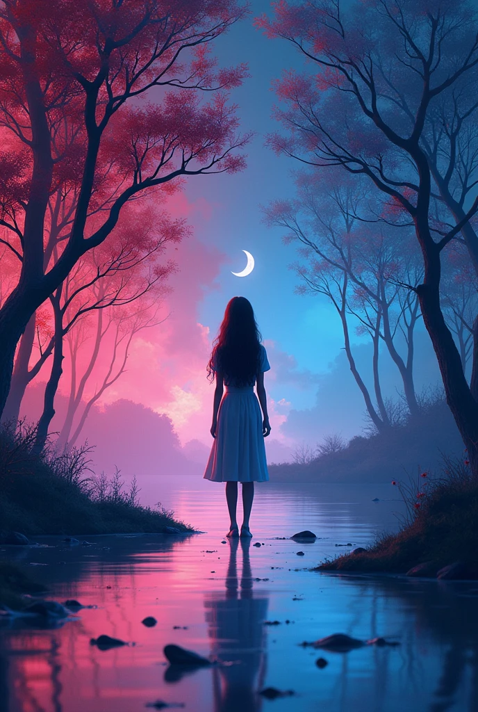 Highest quality、4K wallpaper、masterpiece、Very detailed 、Very fine particles、Very detailedな、Intricate details、1:One Girl,Tear Slim(Hair that grows to the waist,)Explore 1. The girl who lost her love is in the center.、Full-body viewer,Front view of one sad shy girl in the center, neon pop abstract art style、public、Very fine bubble stream、Very thin chain with gentle movement、Surreal Lake Background,