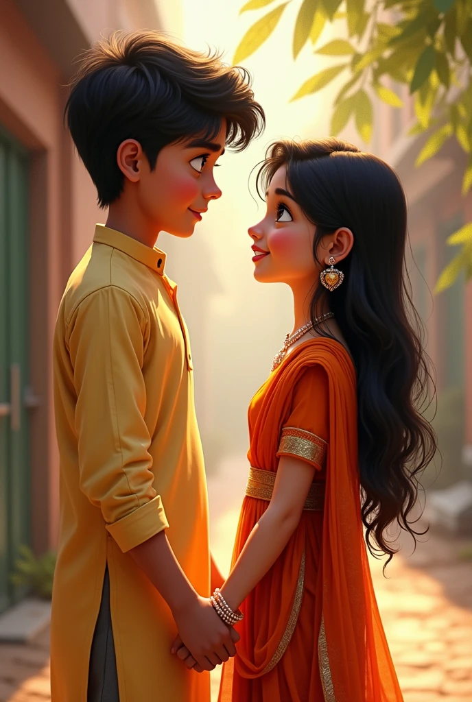 Make a animated painting of a young boy and young girl holding hands and looking at Each Other romantically.  the girl  dressed in a Punjabi suit wears a pearl bracelet given to her by the boy. where as the boy dress is in kurta pajama.this is set in the 90's era india