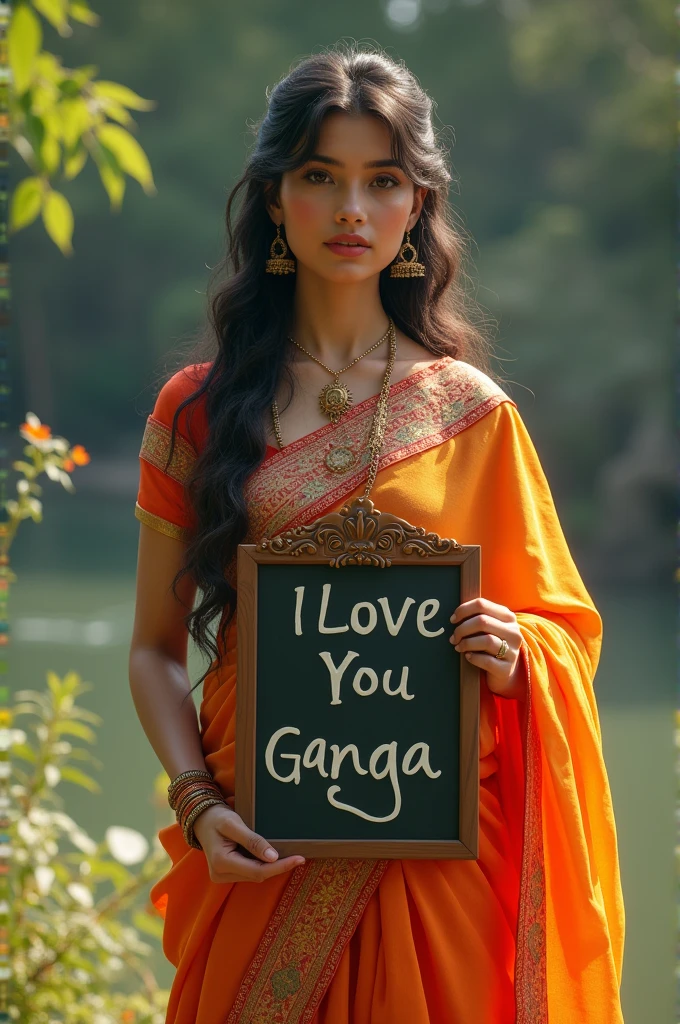 A BEAUTIFUL GIRL WITH SAREE AND HOLD THE BOARD AND WRITING WITH I LOVE YOU GANGA 