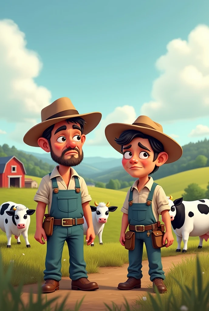 I need to cartoon rich 2 farmer  and white, black dots more cow. Background is agriculture land. And talk to that 2 farmer sad mood.