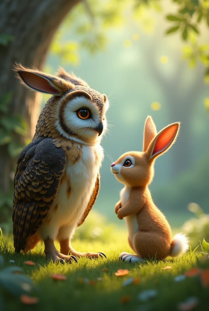 An owl talking to a non-3d animated rabbit