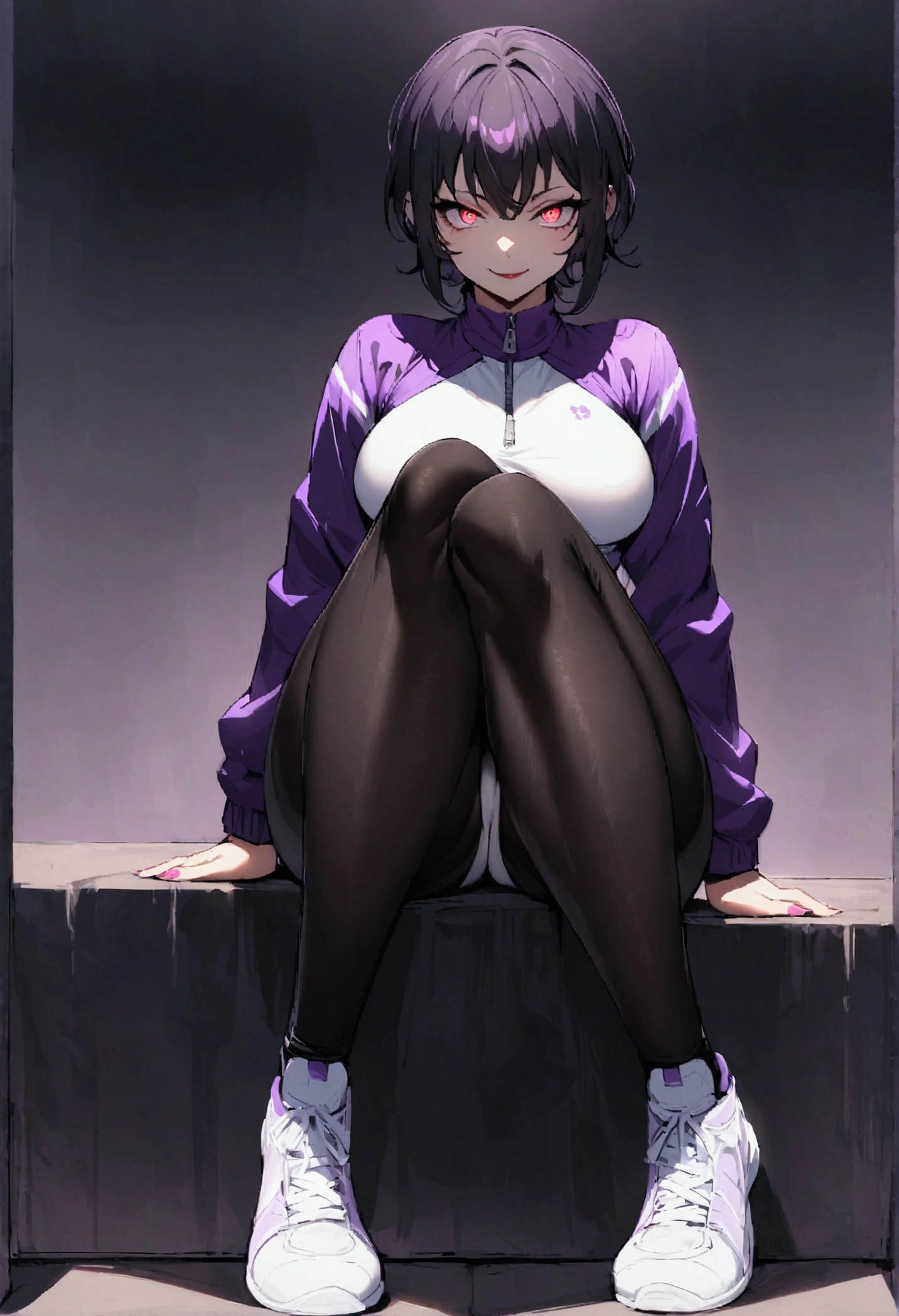 beautiful young fitness woman with , in a gym wearing May with black pantyhose, tight white and purple gym jacket. standing alone,red eyes glowing,Evil smile,legging preto ,labiaa,dark eye shadow,shining eyes,hands on thighs,neckleace,jacket zipper half open,Tight black shirt,white sports tennis shoes,short hair with purple details,beautiful curves,whole body,hair with purple details,labiaa,detailed face and eyes,work of art,sitting,cross legs,sexy look