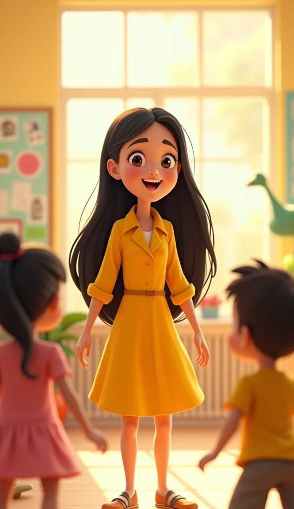Image of children playing at school, next to a white teacher, with long, wavy black hair, wearing a yellow dress. The background of the image is light yellow. Pixar-style